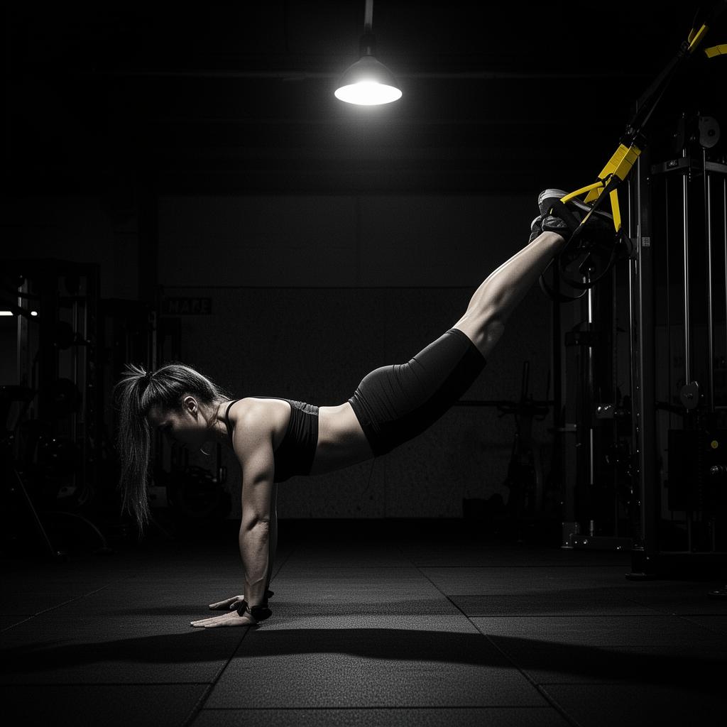 Aluna executando exercício TRX avançado